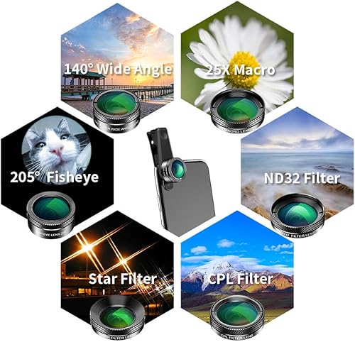 Miniatura 6 de Kit de lente de cámara de teléfono 6 en 1140 súper gran angular  lente marco 25X  lente ojo de 205Flente ND 32  lente de filtro de estrellas  CPL