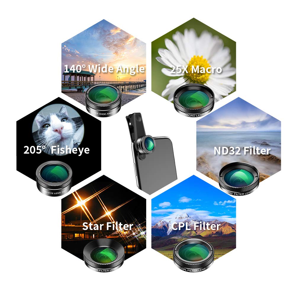 Kit Obiettivi Per Cellulare 7 In 1: Grandangolare 120°, Macro 25X, Fisheye 210° E Altri Effetti – Con Clip Universale