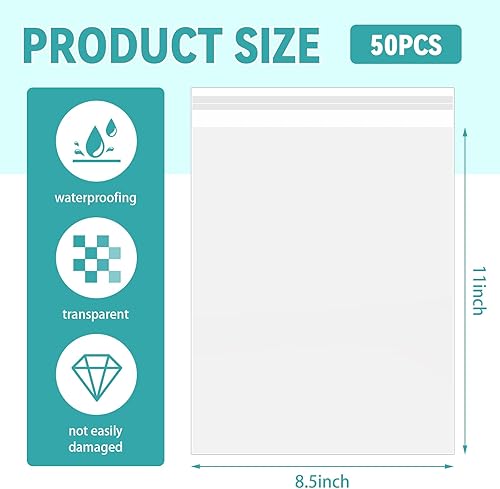 Vista 2 de Paquete de 50 Fundas Transparentes como Cristal de 8.5 x 11 Pulgadas Bolsas de Almacenamiento, Bolsas de Celofán Autosellantes Resellables