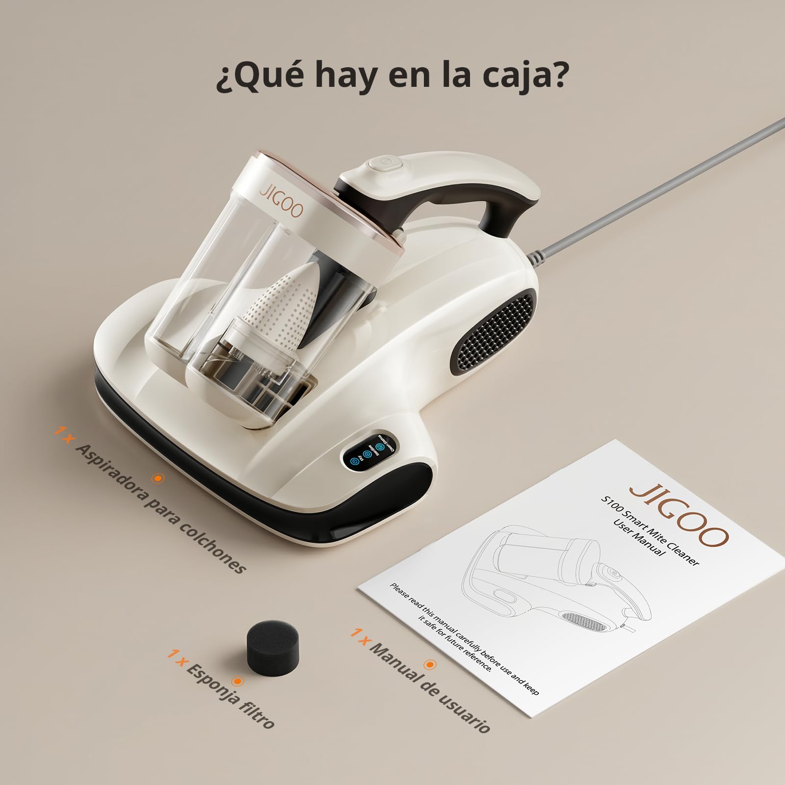 JIGOO S100 Aspirador de ácaros, Aspiradora Antiacaros para colchones con Sensor de ácaros, Pantalla LED, vibración, luz UV, ultrasonido, Elimina 99.9%, Especial Alergias, para Colchones y Sofás