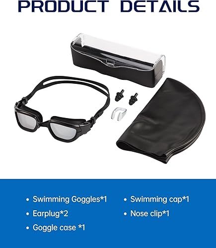 Miniatura 7 de Gafas de natación, gafas para adultos con gorro de natación, clip de nariz y tapones para los oídos, protección UV, lente antivaho y funda para
