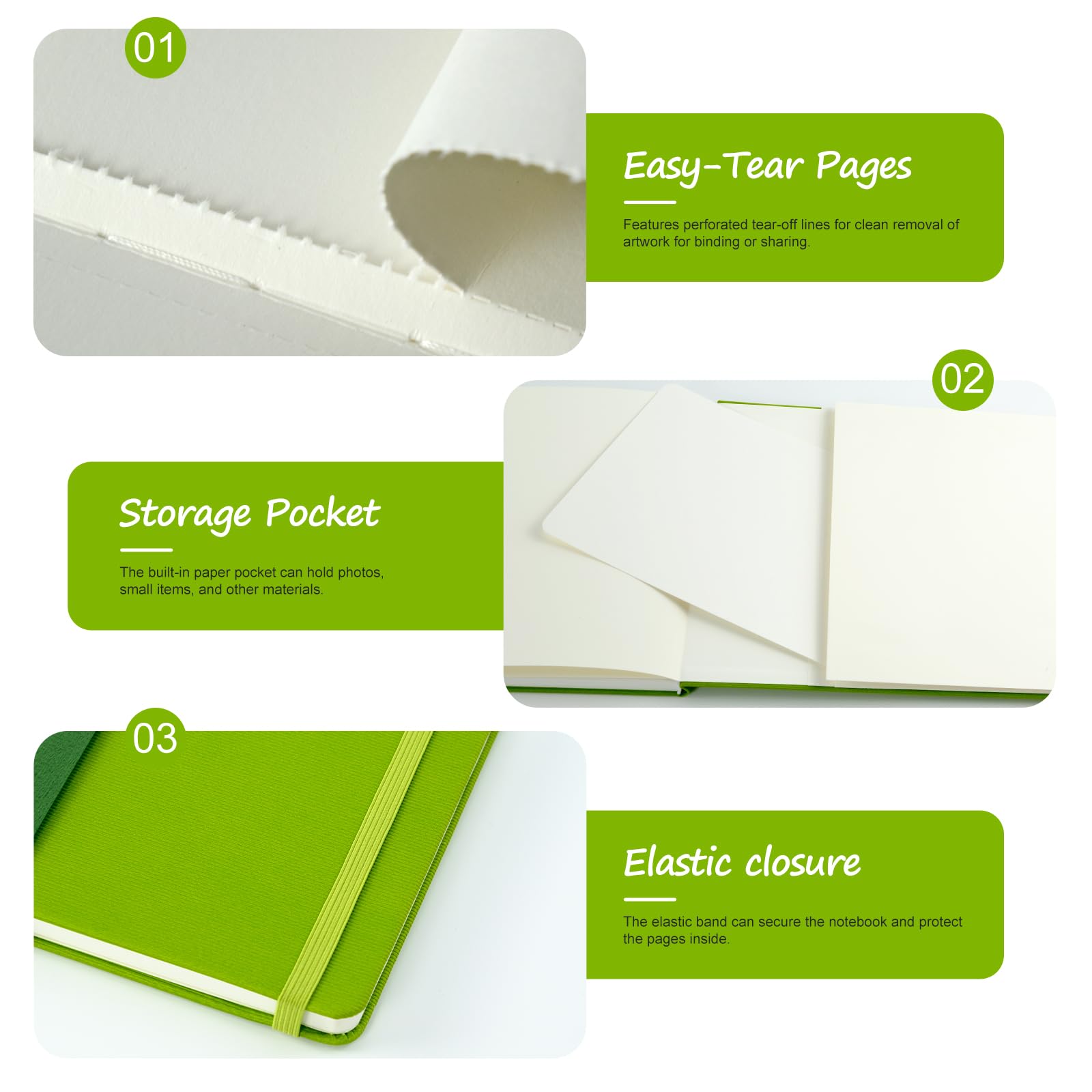 CuppaClip Carnet de croquis aquarelle en coton presse à froid avec poche intérieure - 300 g/m² - 63,5 kg (vert, 29,7 x 21,1 cm)