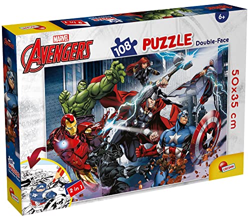 Lisciani - MARVEL Avengers Puzzle DF Plus 108 Piezas - Rompecabezas Doble Cara con Reverso para Colorear - Formato 70x50 cm - Idea regalo Navidad, Reyes o Cumpleaños para Niños de +4 años