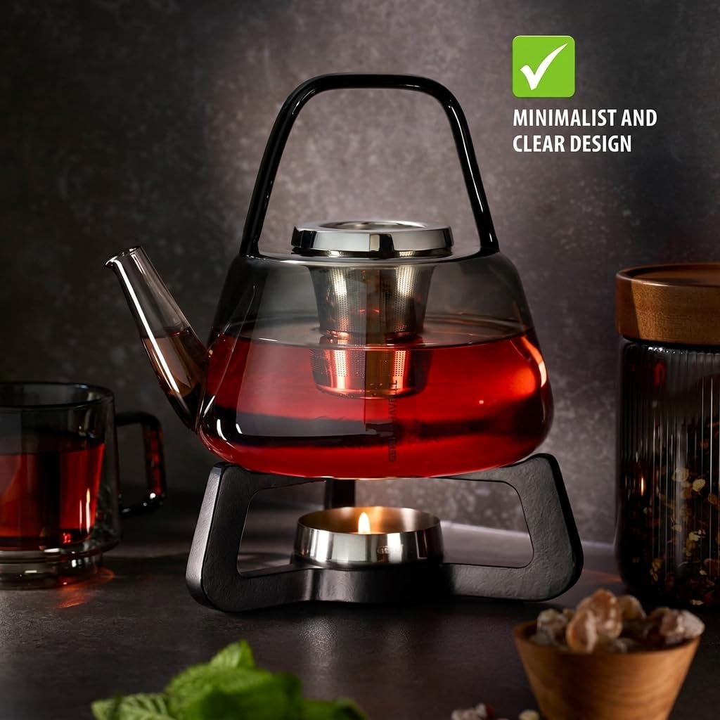 GEFU CHAVELLE Tetera con calientaplatos de 1,2 l – soplado a mano, vidrio de borosilicato, filtro de té de acero inoxidable, hierro fundido, apto para lavavajillas
