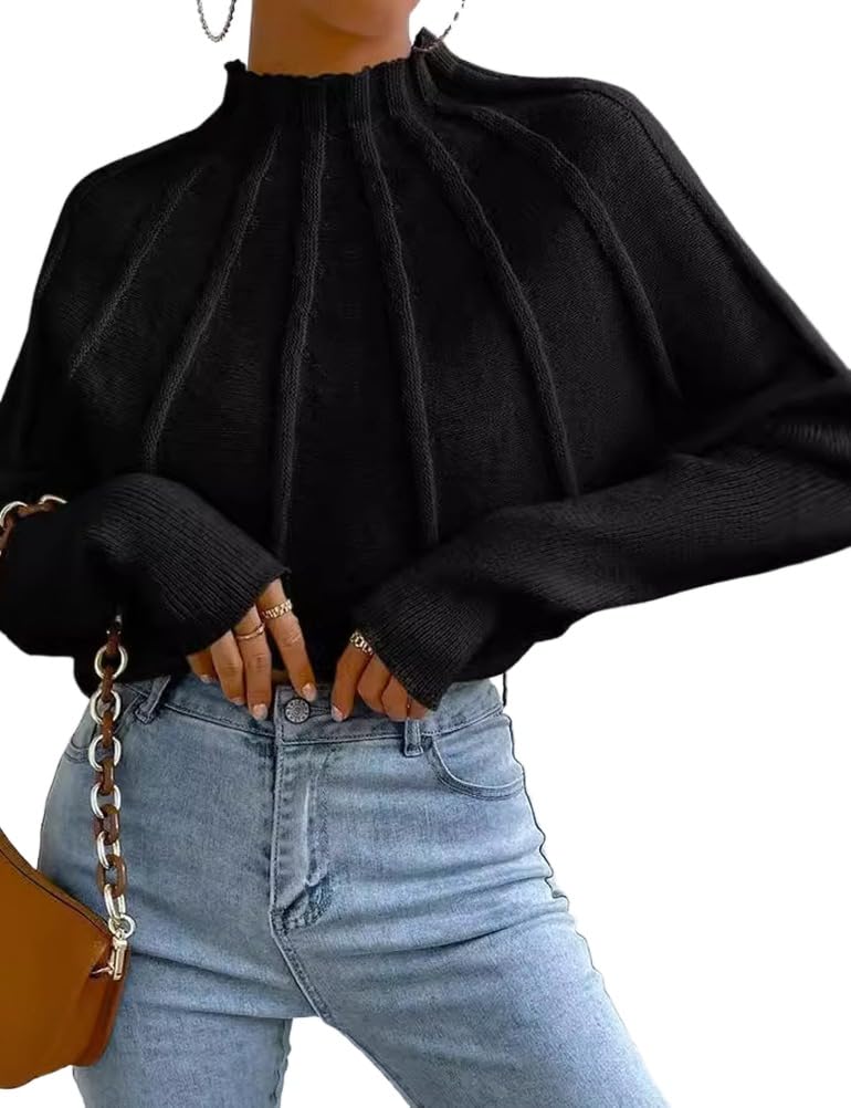 Kinghua Mock Neck Sweater Women Fall Winter Long Batwing Sleeve Sweater Loose Knit Pullover Casual Solid Color Trendy