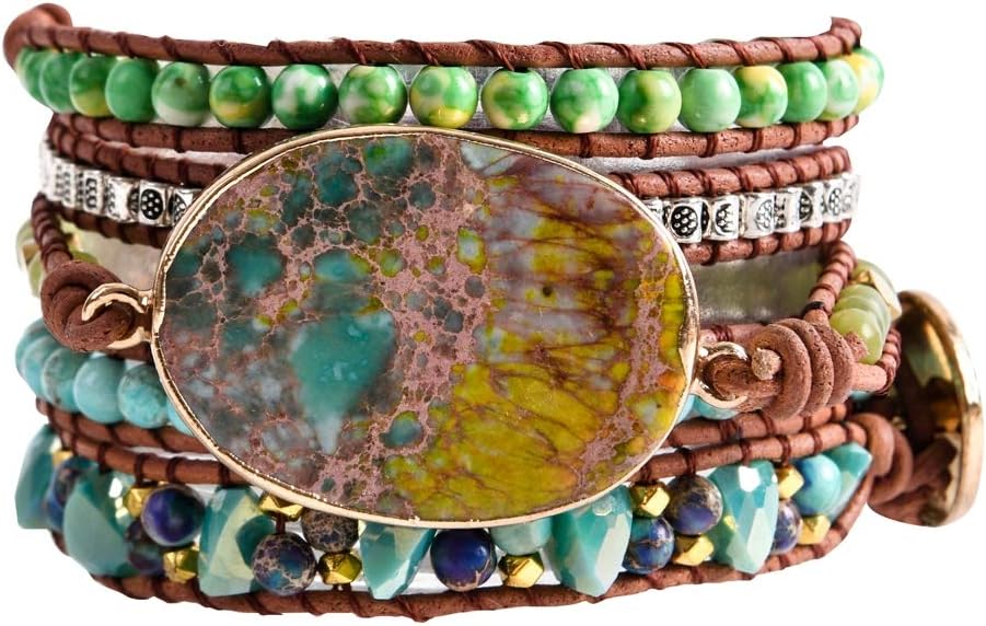 YGLINE Bohemian Handmade Bracelet Adjustable Natural Stone Jasper Bangle Leather Bracelet for Women – Wide Wrap Wrist Statement Jewelry