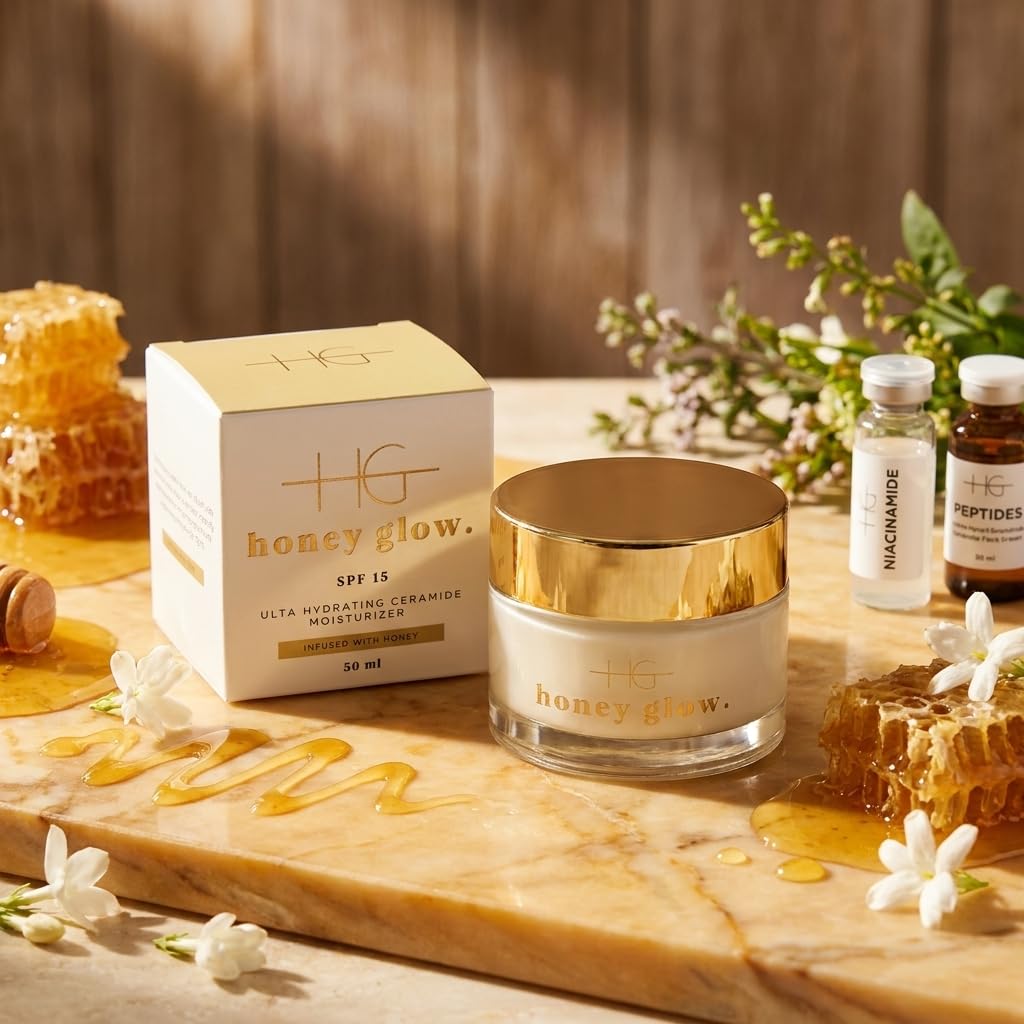 HoneyGlow ultra nawilżający ceramiczny krem do twarzy z miodem, wzmacnia barierę dla skóry i chroni przed światłem słonecznym, SPF15, sformułowany z niacynamidem, kwasem hialuronowym i