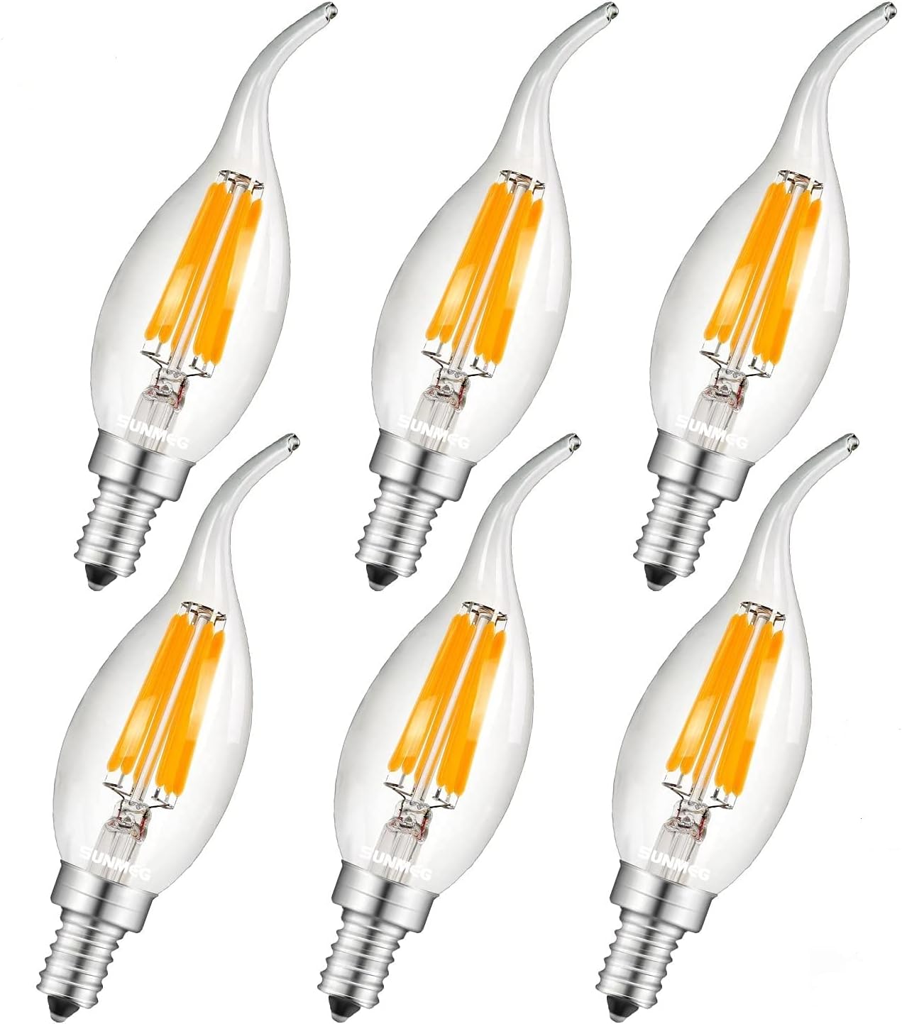 LED Chandelier Light Bulbs Dimmable, C35T 6W Candelabra Bulb LED E12 Base, LED Filament Flame Tip Vintage Candle Light Bulb, 2700K Warm White, 6 Pack