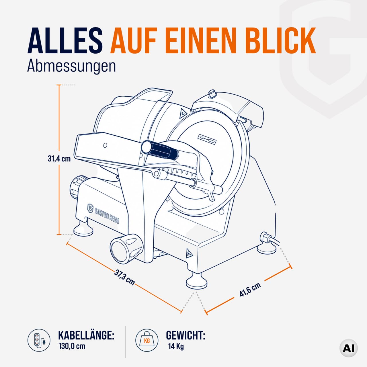 GastroHero Aufschnittmaschine 195 mm, einstellbar, Aluminium ASM195