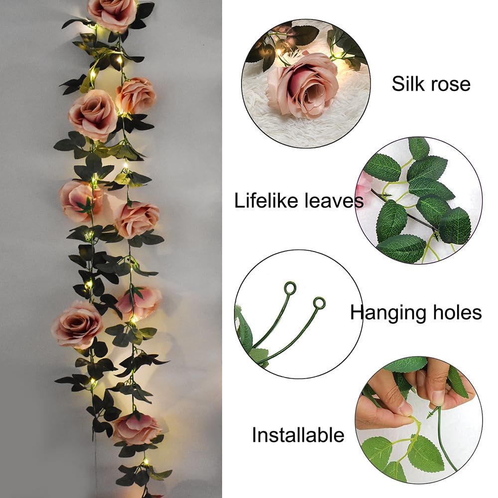 Fielegen Ghirlanda LED A Forma Di Rose Artificiali – 2,2 M, 20 Luci Bianco Caldo, Batteria – Decorazione Per Matrimonio, Casa, Giardino, San Valentino - 3