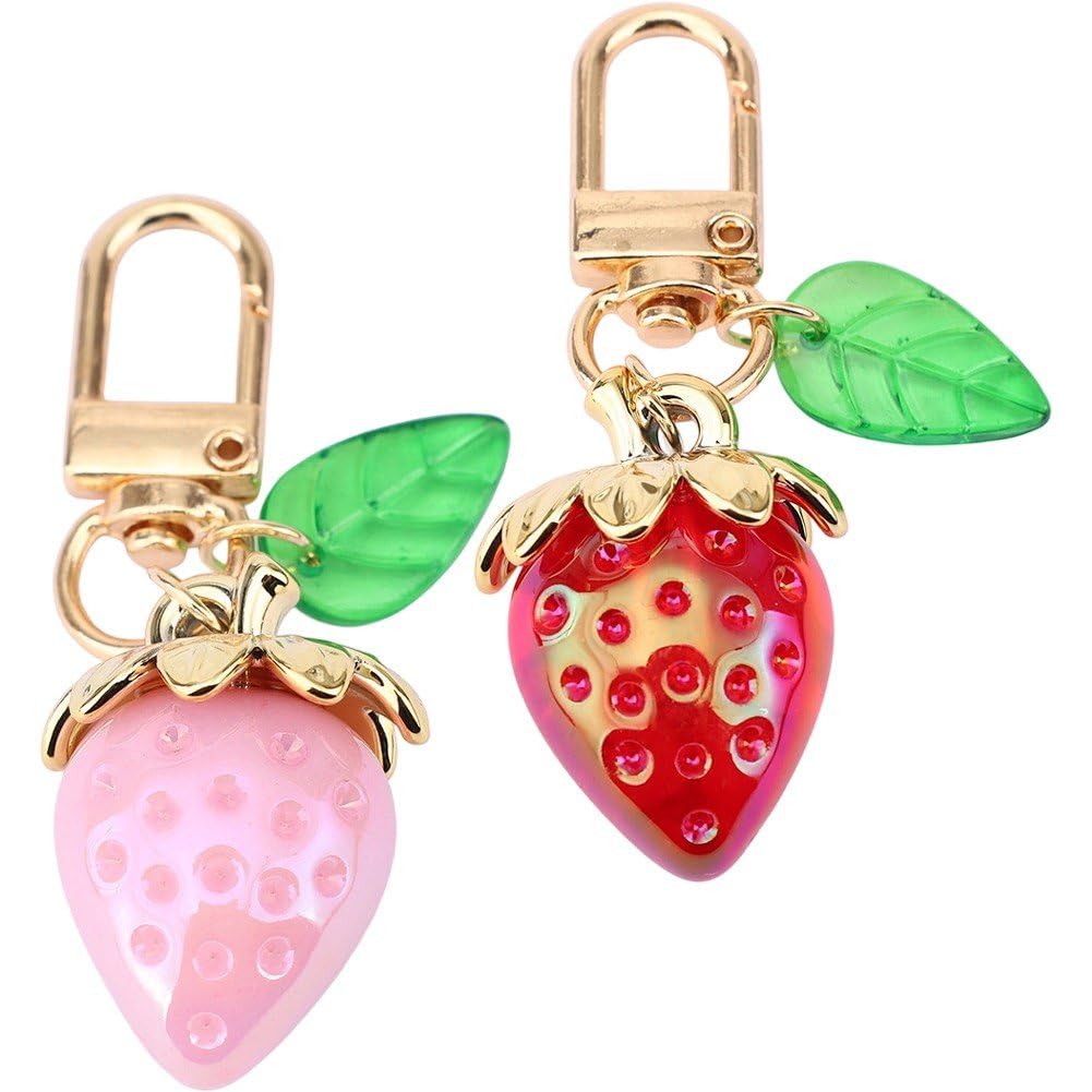 Fituenly Cute Strawberry Keychain 2 Pcs, 3d Fruit Bag Purse Charm for Women, Kawaii Strawberry Keychain Pendant, Key Ring Accessories for Handbags