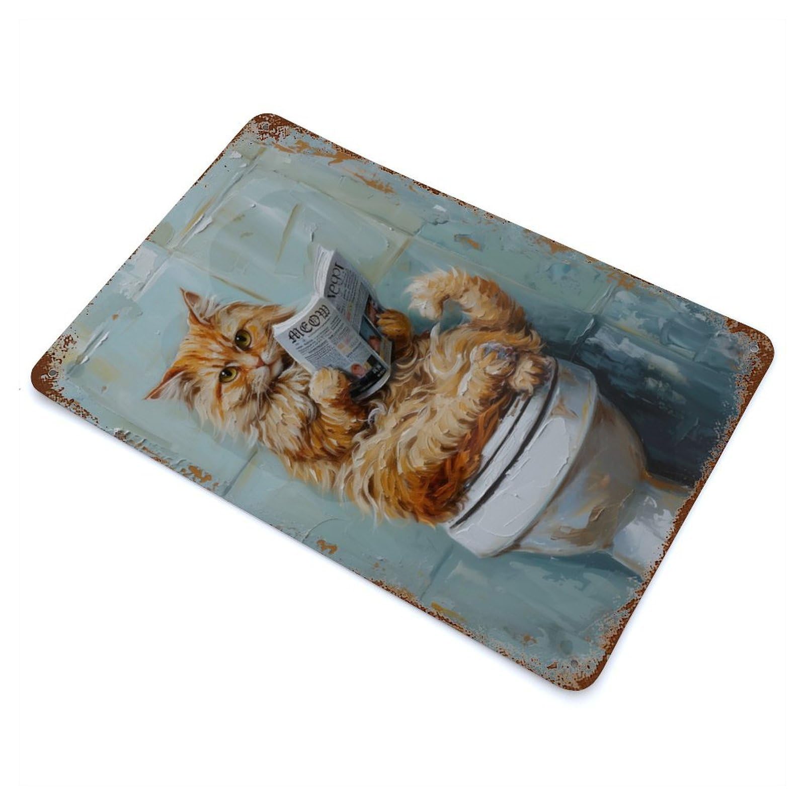Cat Reading Newspaper on Toilet Vintage Wall Sign 11.8"x7.9", Rust Effect Metal Decor for Patio, Garden Room And Bar Decor