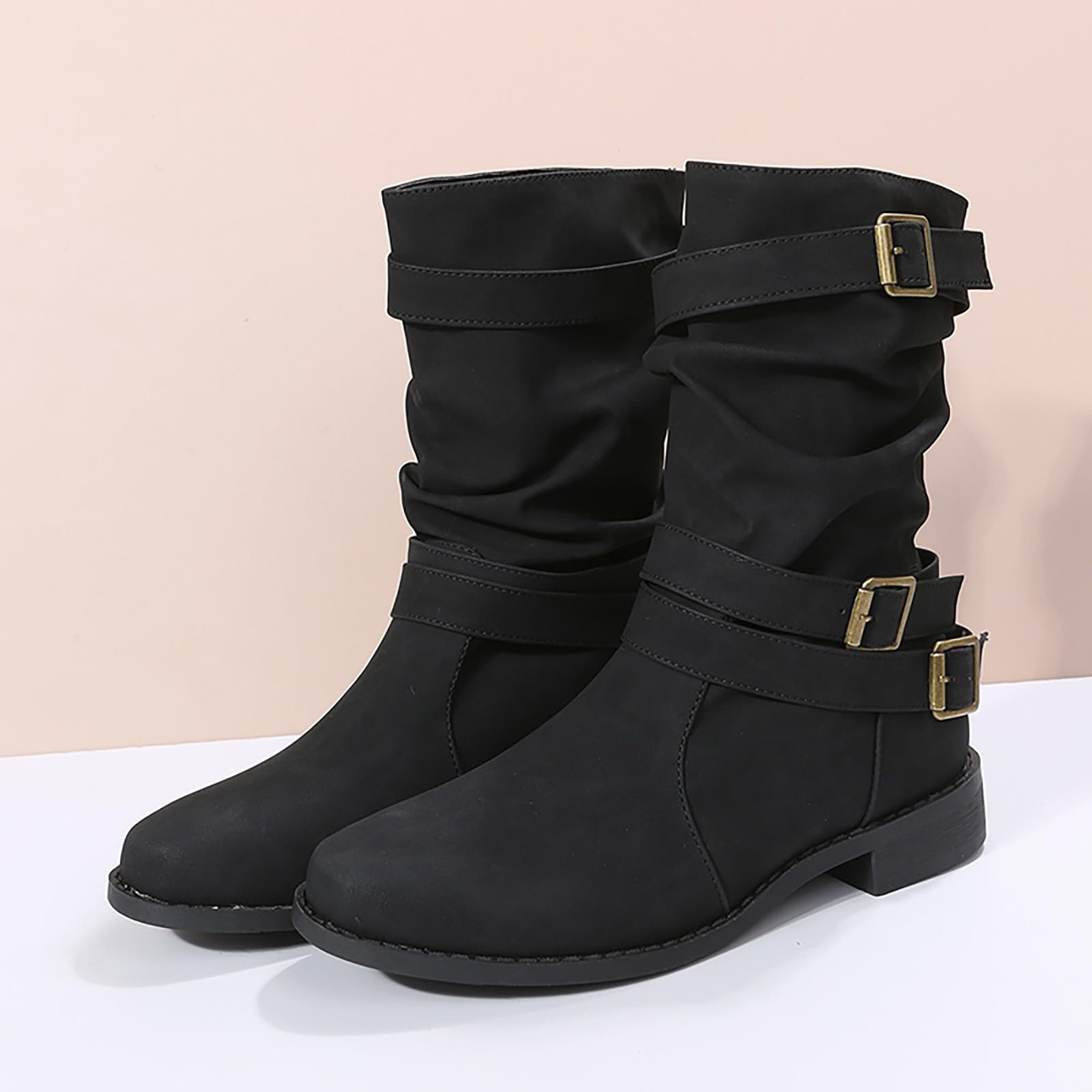Generisch Stivali da equitazione da donna, alla moda, con fibbia in pelle, stivali medi, comodi