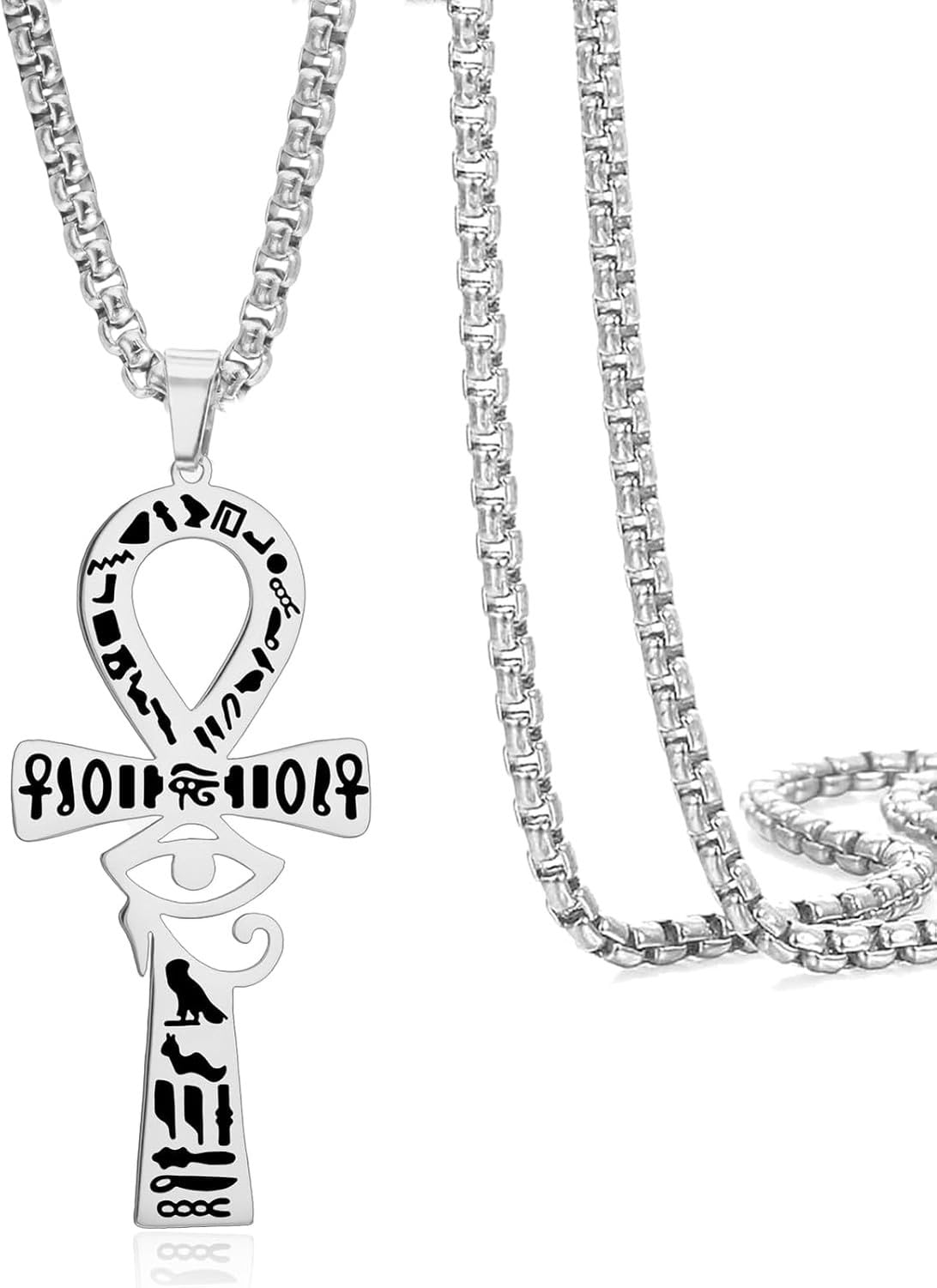 LGBBTI Eye of Horus Ankh Cross Pendant Necklace for Men Women Stainless Steel Ancient Egyptian Key of Life Jewelry Amulet Protection Gift, Silver