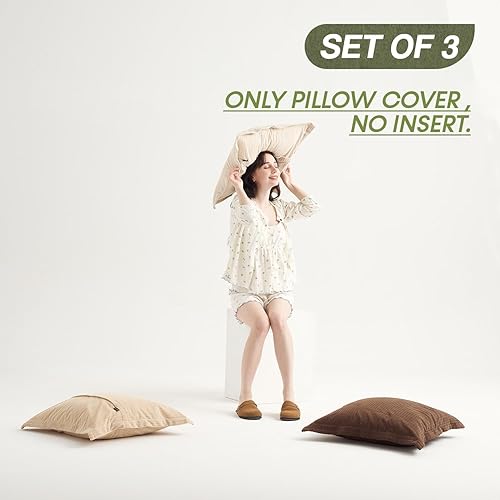Miniatura 2 de Juego de 3 fundas de almohada de pana de 24 x 24 pulgadas, suaves al tacto, estilo bohemio, vintage, con tonos tierra, elegantes para sala de estar,