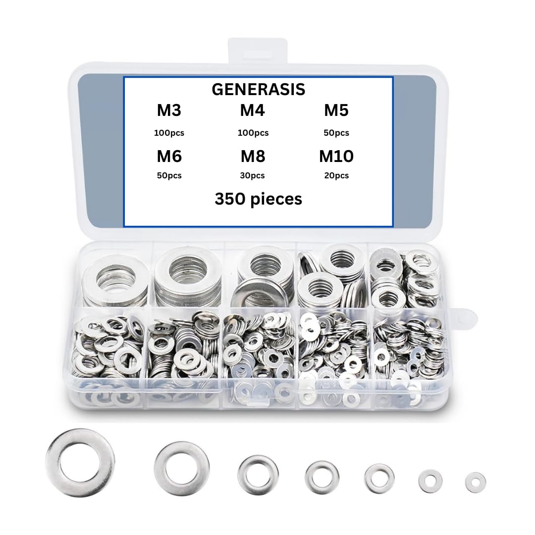 GENERASIS - 6 Sizes | 350 Pcs | Zinc Washer | M3 M4 M5 M6 M8 M10 | Hardware Zinc Plain Flat Washers for Screws Bolts | Fender Washers Assortment Set-image-19