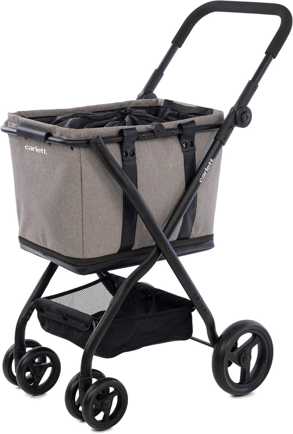 Carlett Chariot de Courses Pliable 4 Roues, Sac Ample et Amovible 50 L–75 L, Poignée Réglable, Frein de Sécurité, Corbeille Convertible en Sac, Résistant à l’Eau, Housse de Pluie, Cube S, Gris
