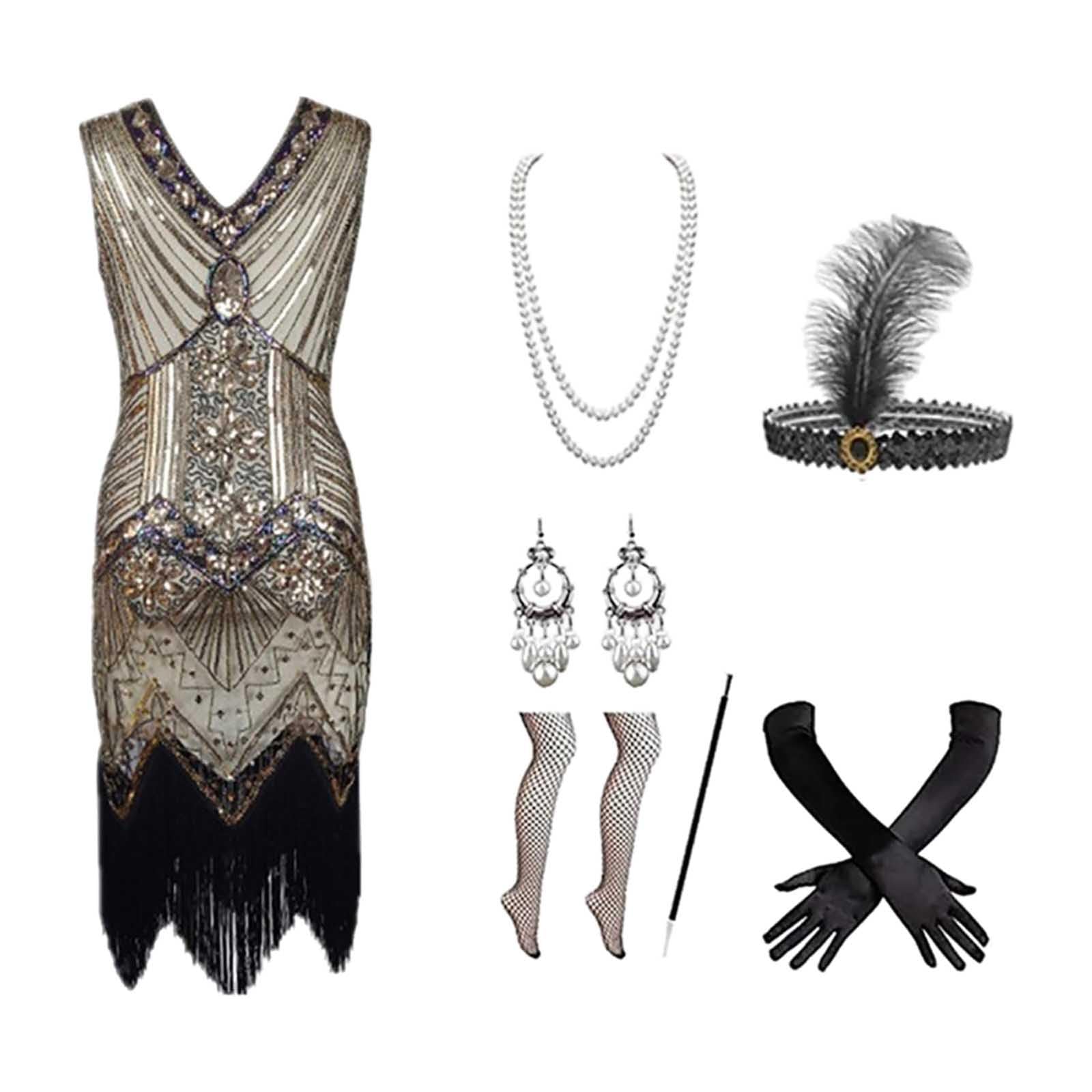 Halloween Costume Female 1920S Gowns Dresses Heavy Beaded Sequins Fringe Dresses Fancy Dress Costumes Women's with 20s Dress Accessories Carnival Costume Women (Beige, XL)