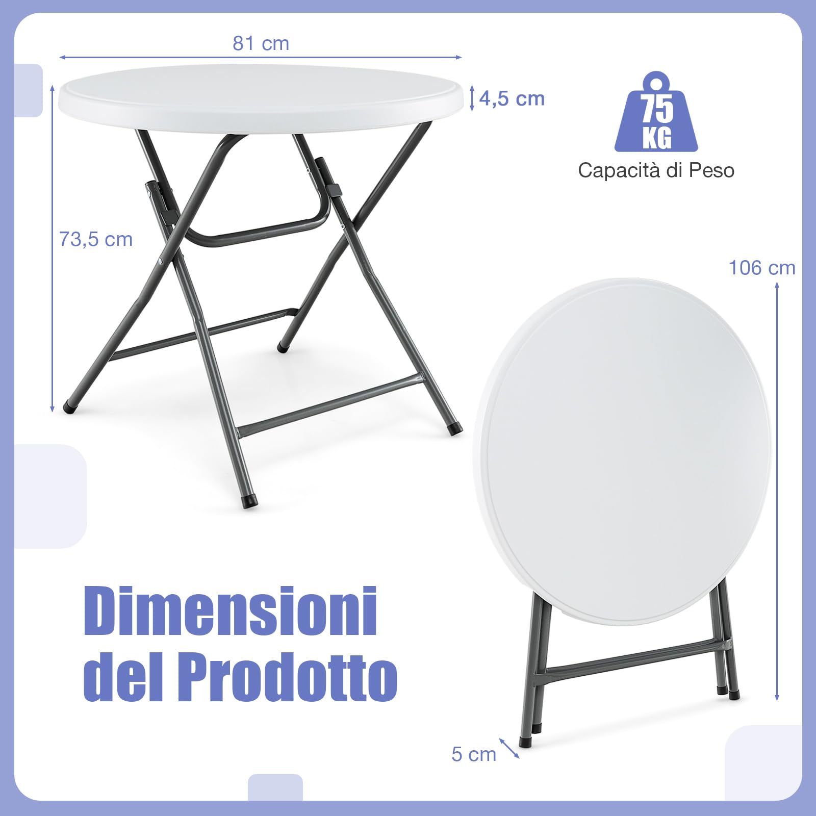 RELAX4LIFE Tavolo Rotondo 81CM, Tavolo Pieghevole in Plastica con Piano in HDPE, Gambe Metalliche Robuste e Pattini Antiscivolo, Tavolino Basso per Esterni e Interni per Picnic, Matrimonio, Campeggio
