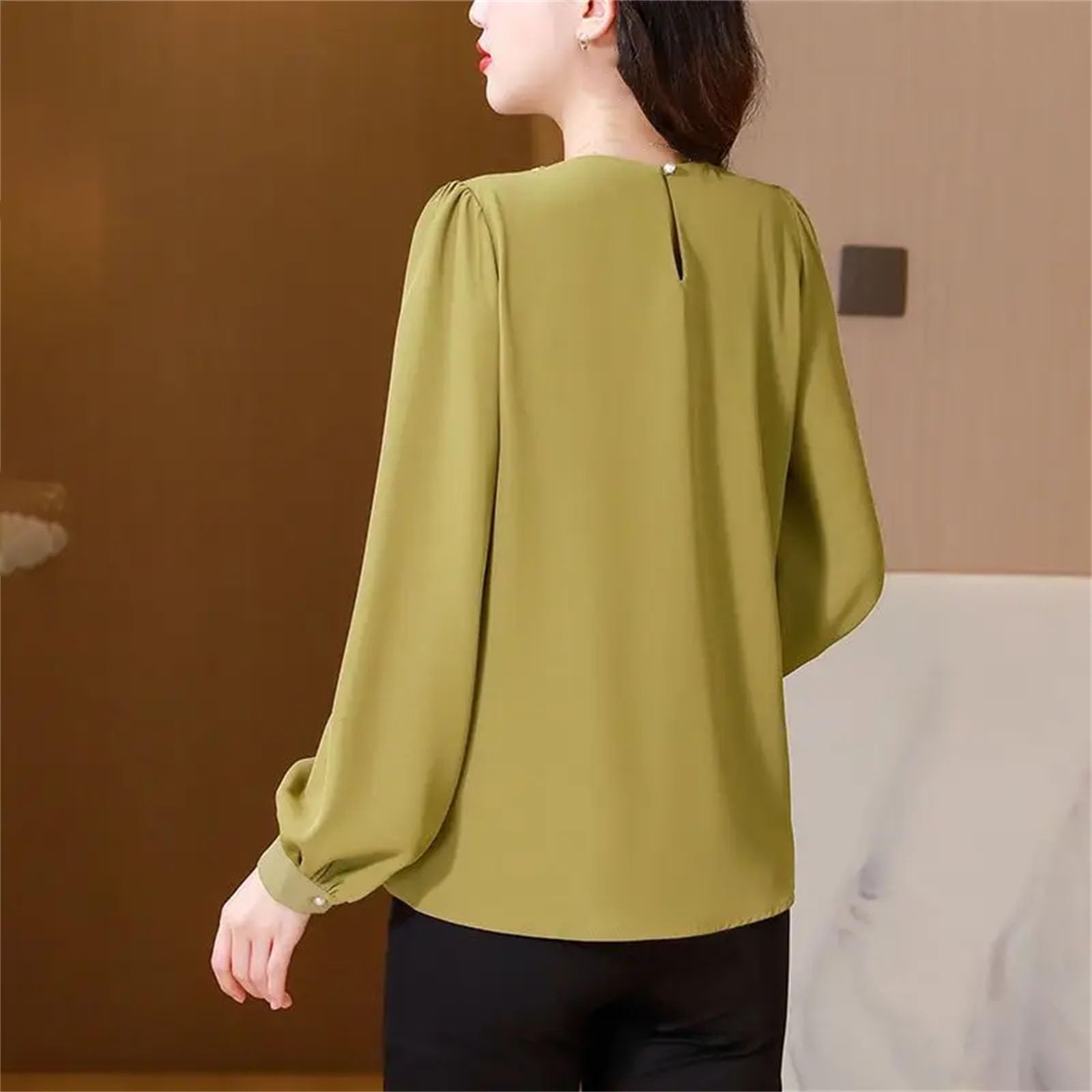 Camiseta de manga larga con cuello redondo para mujer, color liso, holgada, elegante, para uso diario