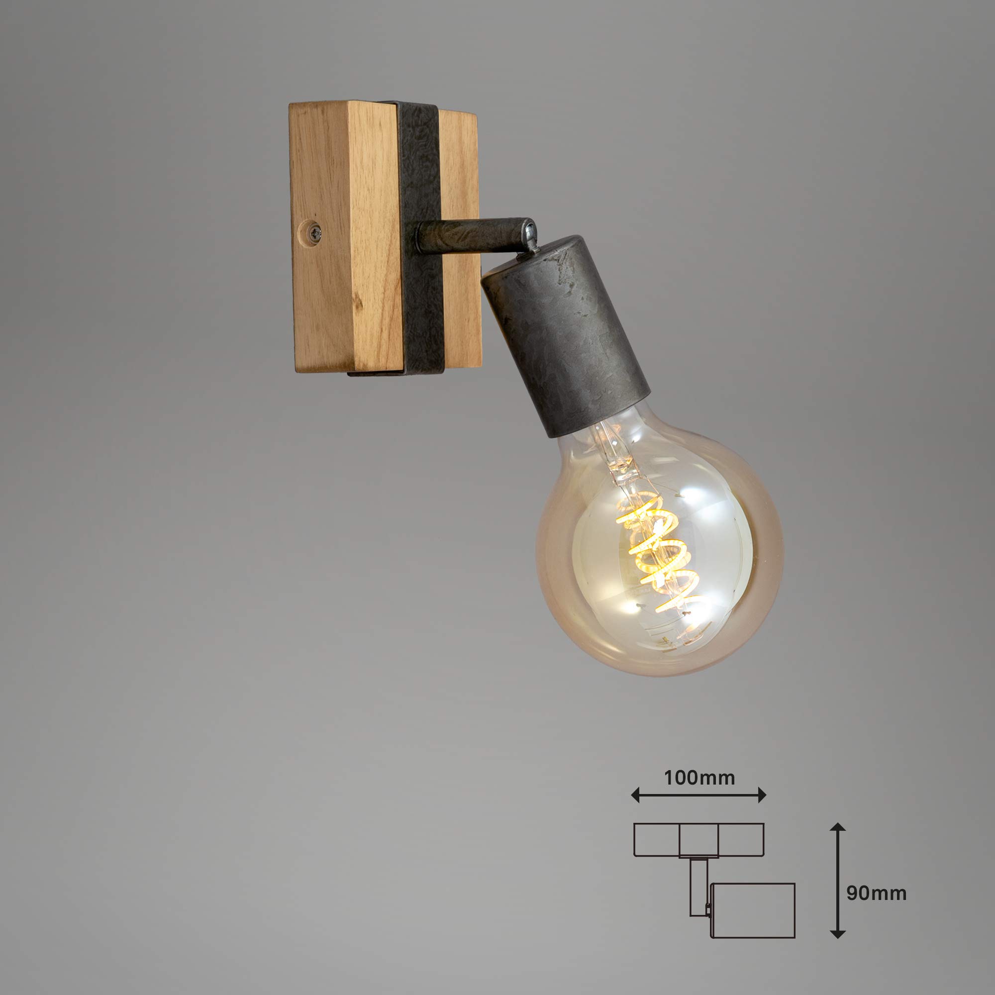 BRILONER - Wandleuchte Innen schwenkbar, Vintage, Holzbasis, Wandlampe innen, Wandstrahler, Wandlicht, Wandbeleuchtung, Schlafzimmer, Flurlampe, Wall Light, 10x10,3x9 cm, Holz-Schwarz