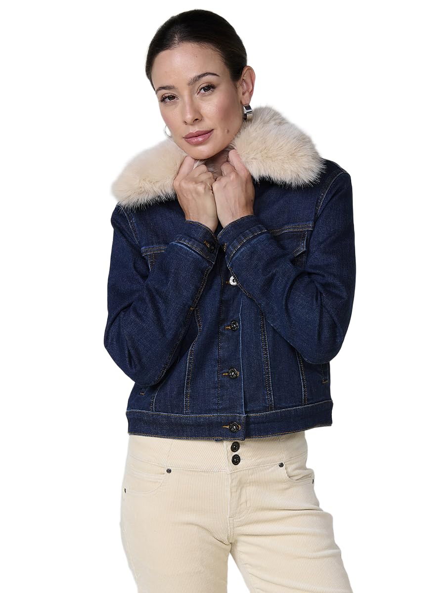 Koroshi Chaqueta cazadora vaquera denim oscuro forro interior efecto pelo y cuello pelo no animal extraíble