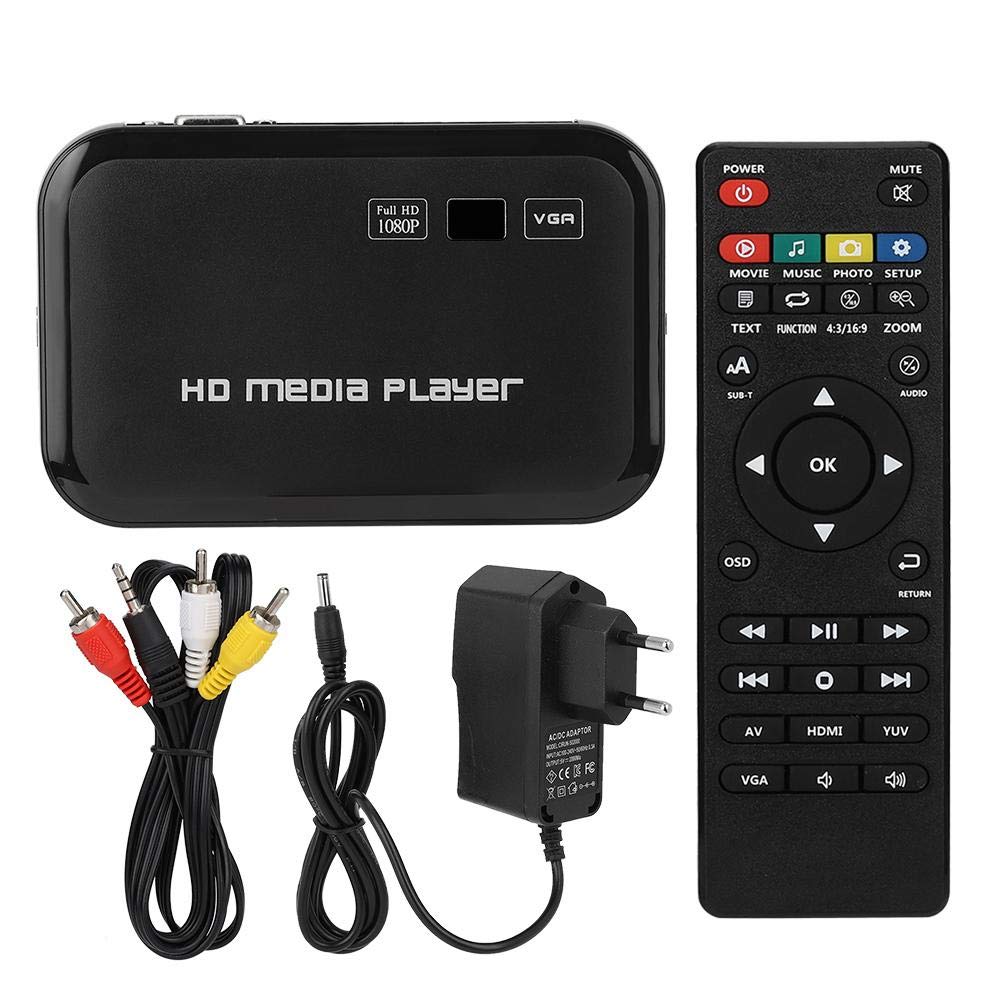 Reproductor multimedia HD, puertos HDMI Reproductor digital portátil 1080P reproducción de video y fotos con unidad USB/tarjetas SD/dispositivos externos, salida HDMI/AV/VGA(Enchufe de la UE)