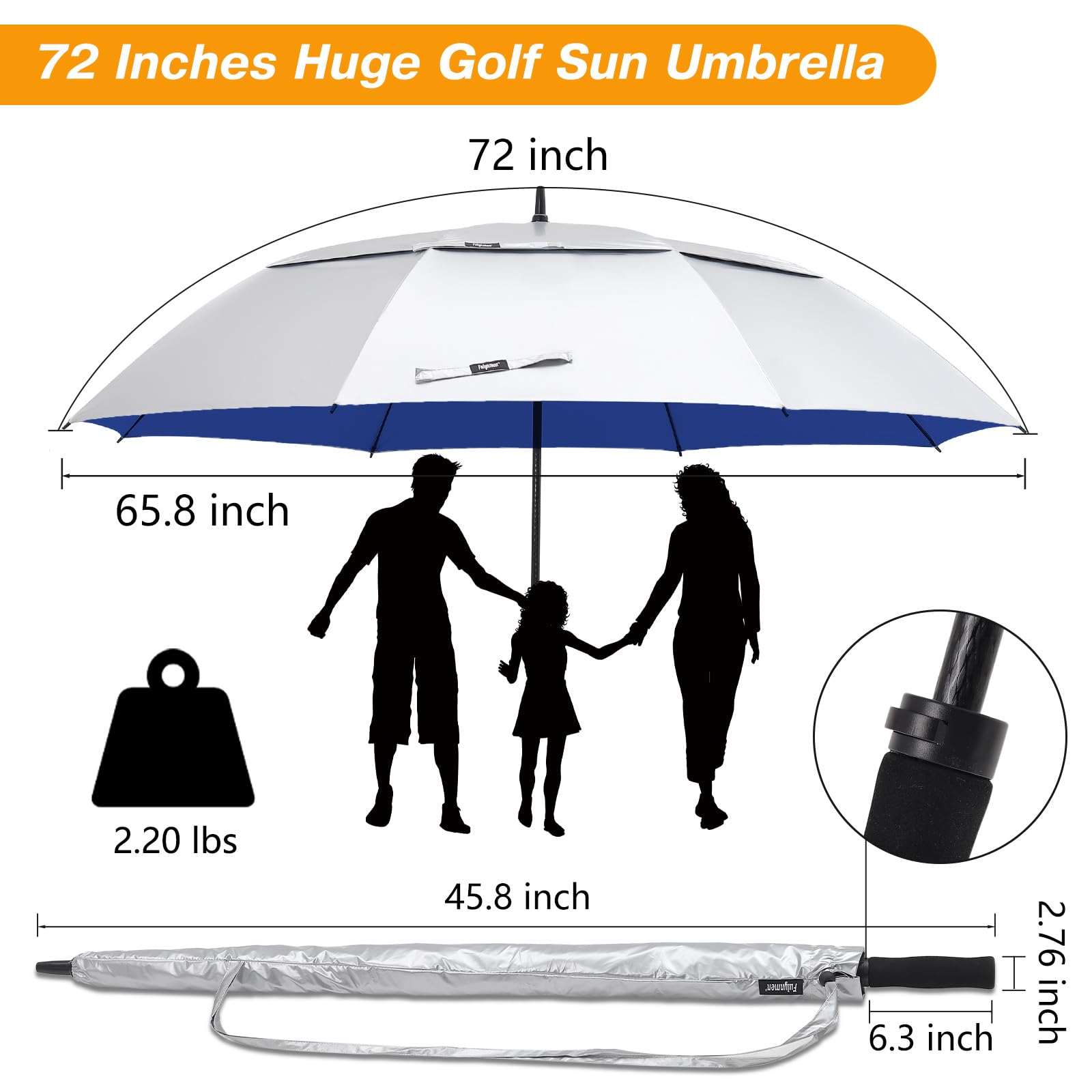 Fulynmen 72 Inch Large UV Umbrellas For Sun Protection UPF50+ Sun Golf Umbrella UV Protection Cooling Windproof Vented Double Canopy Extra Huge Big Size (Silver-Blue)