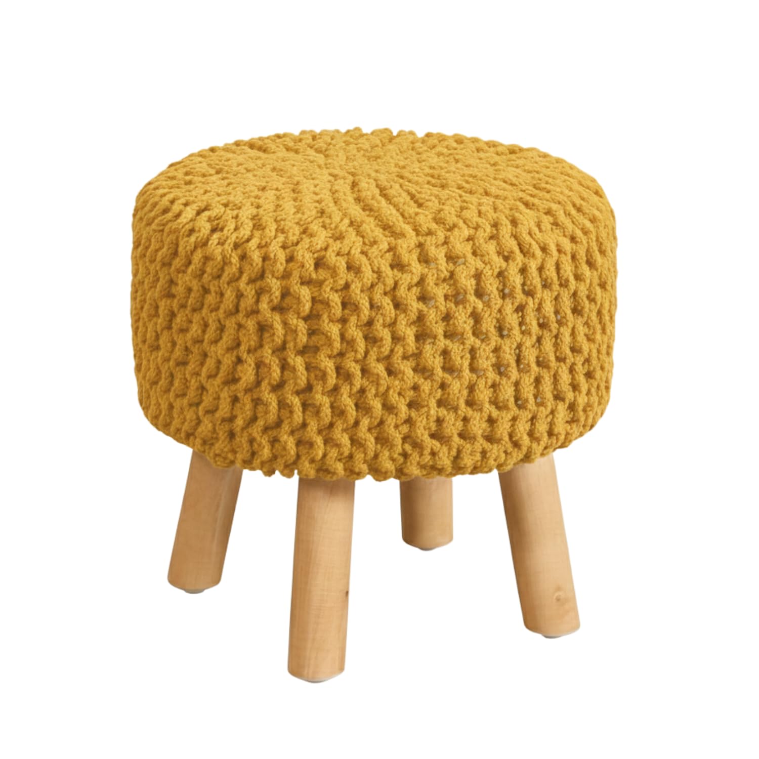 Dazzle Collection Knitted Round Ottoman Footstool with Wooden Legs 100% Cotton Knitted Pouffe Foot Rest Stool, Padded Seat, Non-Slip Base for Living Room, Bedroom & Lounge Furniture (Mustard)