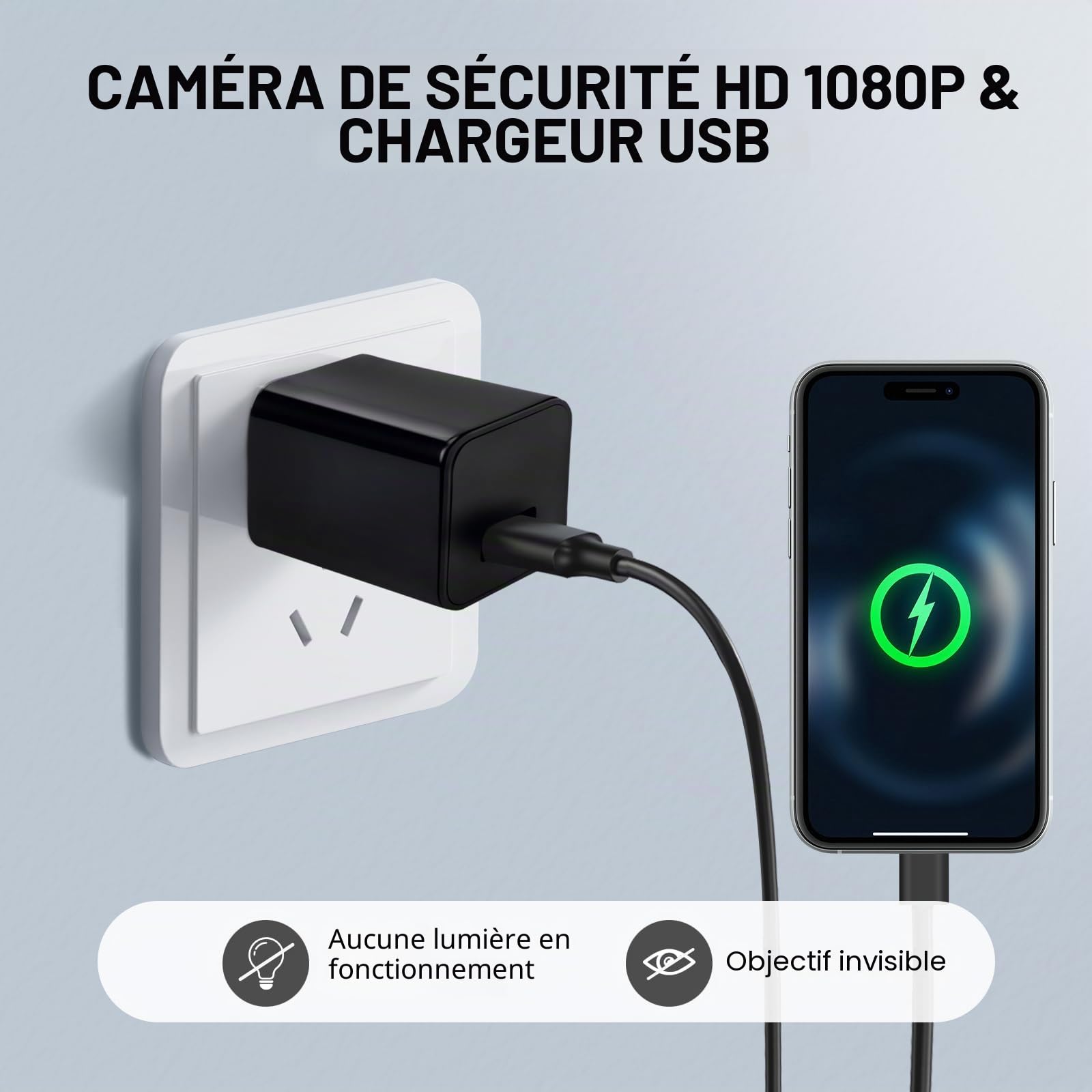 Caméra de Chargeur, Mini Caméras 1080P Nanny Cam Enregistreur Vidéo avec Détecteur de Mouvement - Caméras de Sécurité pour la Maison, le Bureau