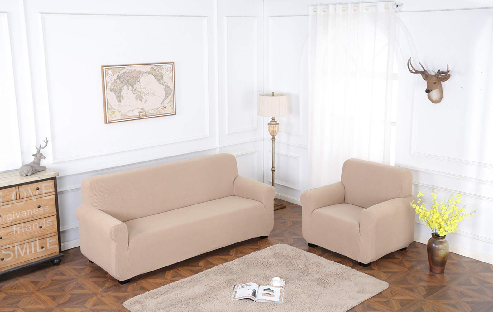 TIANSHU Copridivano 4 Posti Elasticizzato Jacquard Antiscivolo Copertura Poltrona Antimacchia Cani Pet Salvadivano (4 Posti, Sabbia)
