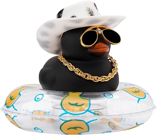 wonuu Decoración de tablero de instrumentos de pato, accesorios de adorno de automóvil con sombrero de vaquero, anillo de natación, collar, lentes
