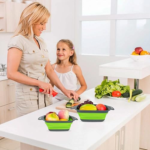 Miniatura 7 de AUAUY Juego de 2 coladores plegables, colador plegable cuadrado de silicona con asas de plástico, colador de cocina ecológico con agujeros grandes