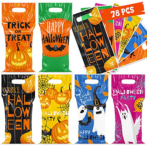 78 Pcs Halloween Trick or Treat Bags for Trick-or-Treating, Halloween Candy Party Favors for kids, Plastic Halloween Goodie Bags, Halloween Snacks, Classroom Goody Bags Party Supplies