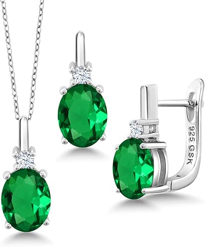 Juego de pendientes de plata de ley 925 con colgante de esmeralda de imitación verde ovalada de 695 quilates con piedras preciosas