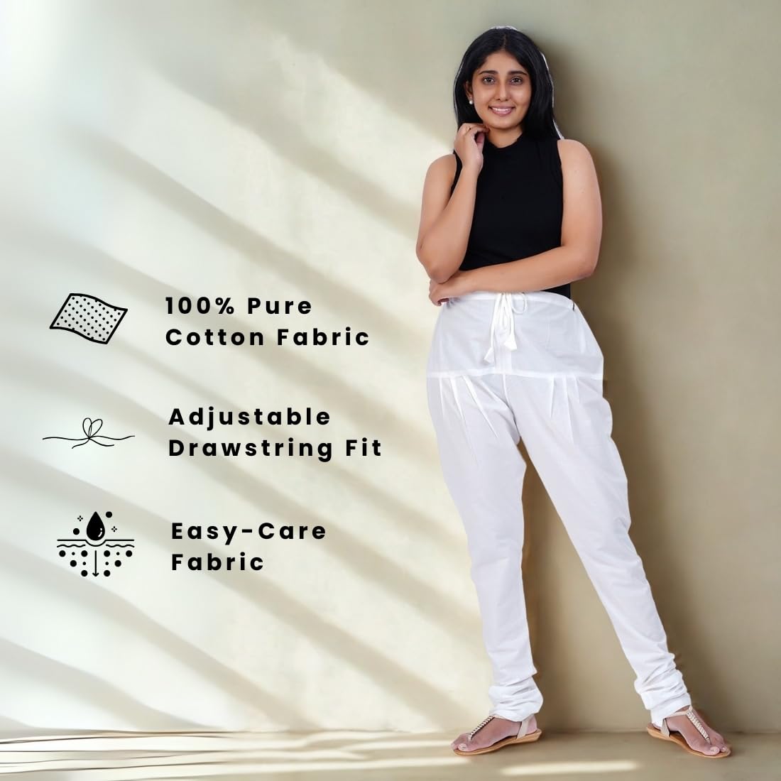Happy Bunny Women’s Cotton Gathering Churidar Pants - Ethnic Gathereing Ankle, Drawstring Waist Bottoms for Kurtas, Office, Party, Casual Clothing (LG, Blanco White) - Image 2 thumbnail