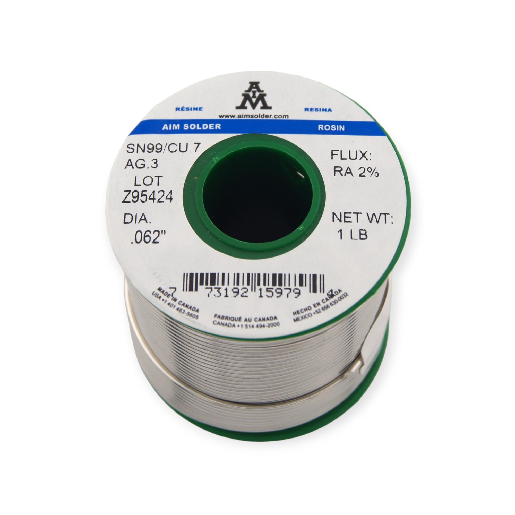 AIM Solder - Alambre de soldadura de núcleo de colofonia sin plomo Sn99 Ag0.3 Cu0.7 para soldadura eléctrica de 0.06 pulgadas, 1.5 kg (1.5 mm/454 g)