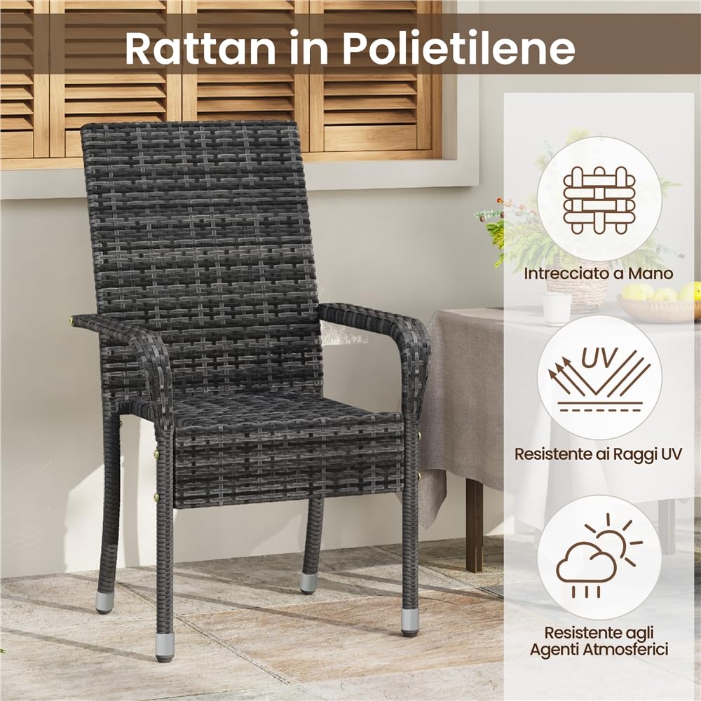 Yaheetech Set di 2 Sedie Impilabili in Rattan Sedia da Giardino con Braccioli Piedini Regolabili e Schienale per Esterno Balcone Patio Terrazza Grigio