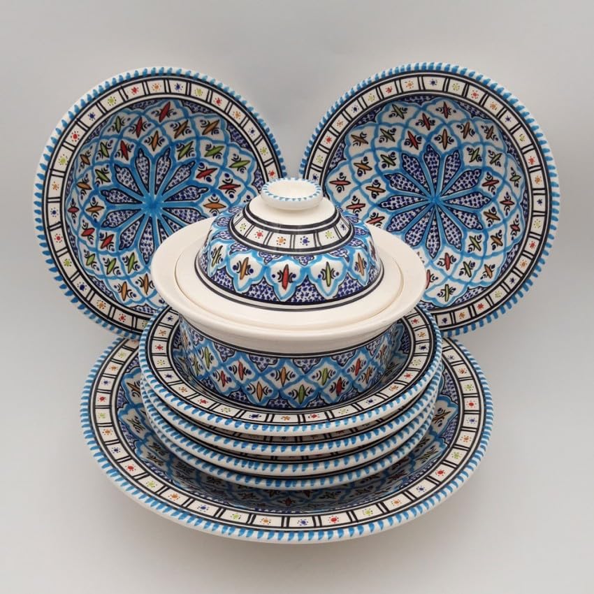 YODECO Couscous Teller-Set für 6 Personen, Keramik, türkis, 50 x 50 x 30 cm, 8
