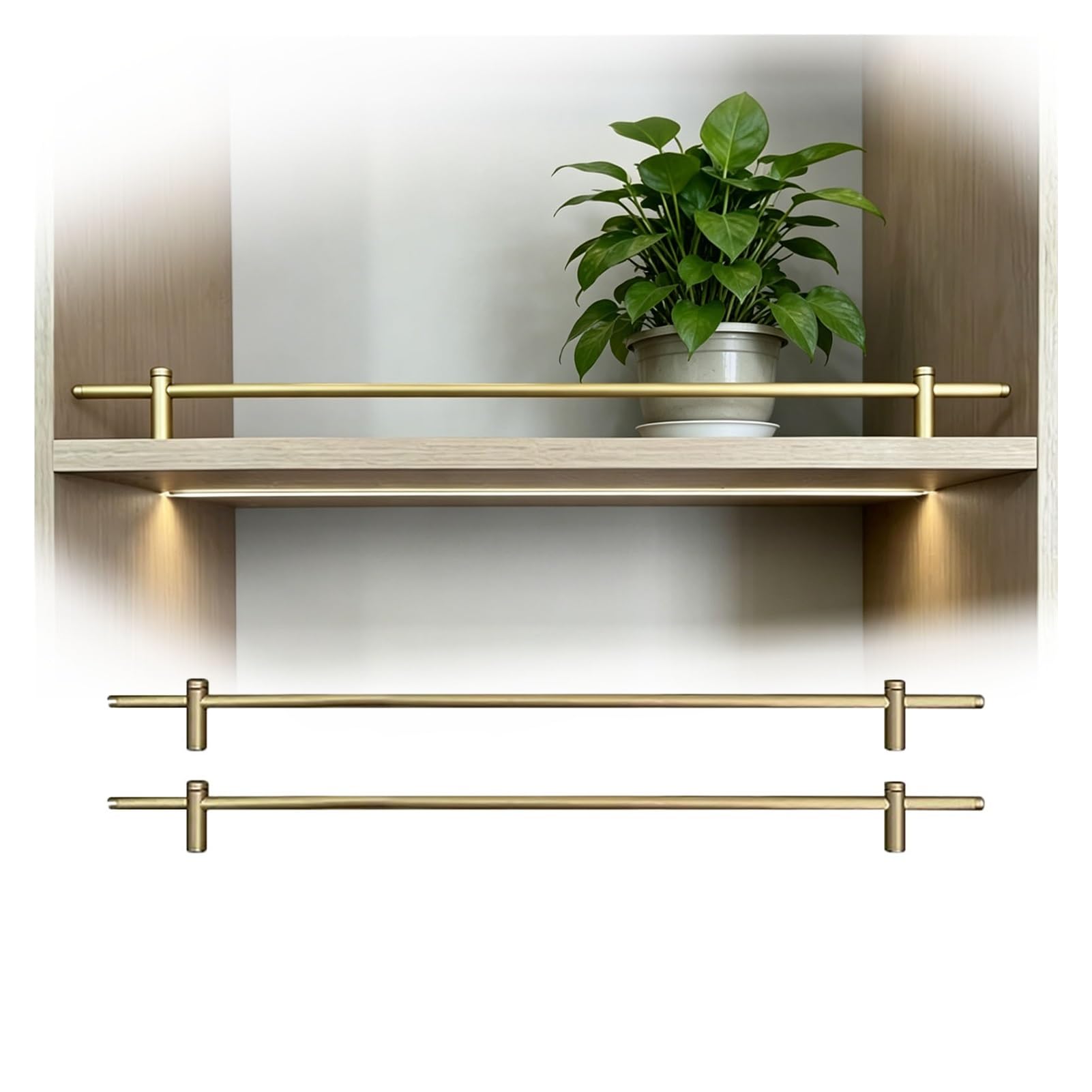 Generico Binari Decorativi Dorati per mensole - Confezione da 2, Punte in Alluminio da 33 cm per Bagno, Cucina, Armadio, Ufficio, Bar di casa, libreria, Esposizione di Piante