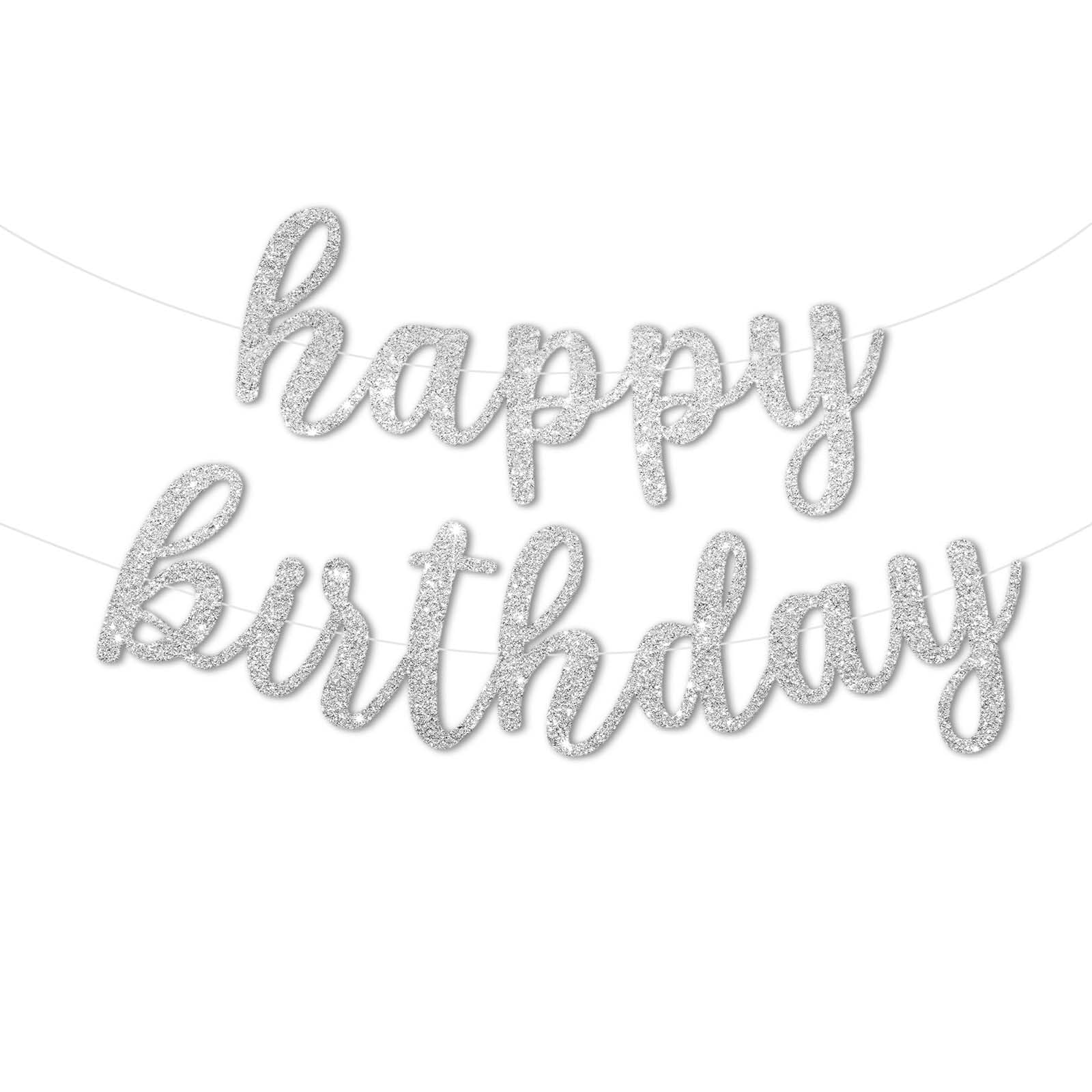 Glitter Happy Birthday Banner Sign, DIY Birthday Party Garland Decorations, Reusable Cake Day Celebration Banner Sign Party Supplies for Teens, Adults (Silver)