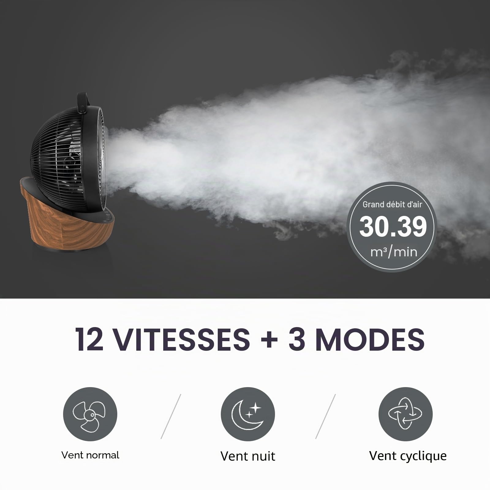 4UMOR Ventilateur Ultra Silencieux 20dB avec Télécommande 1823m³/h Moteur DC 12 Vitesses 8h Minuterie 3D Oscillation Turbo Ventilateur de Table Circulateur d’Air pour Bureau Chambre, Noir