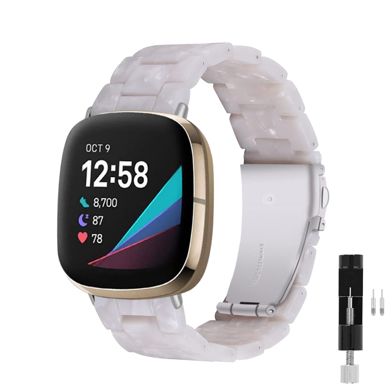 JOPLKOL Resin Strap Compatible with Fitbit Sense/Sense 2/Versa 3/Versa 4, Waterproof & Lightweight Bracelet Wristband,Fashion Strap for Fitness Tracker Women (Pearl White)