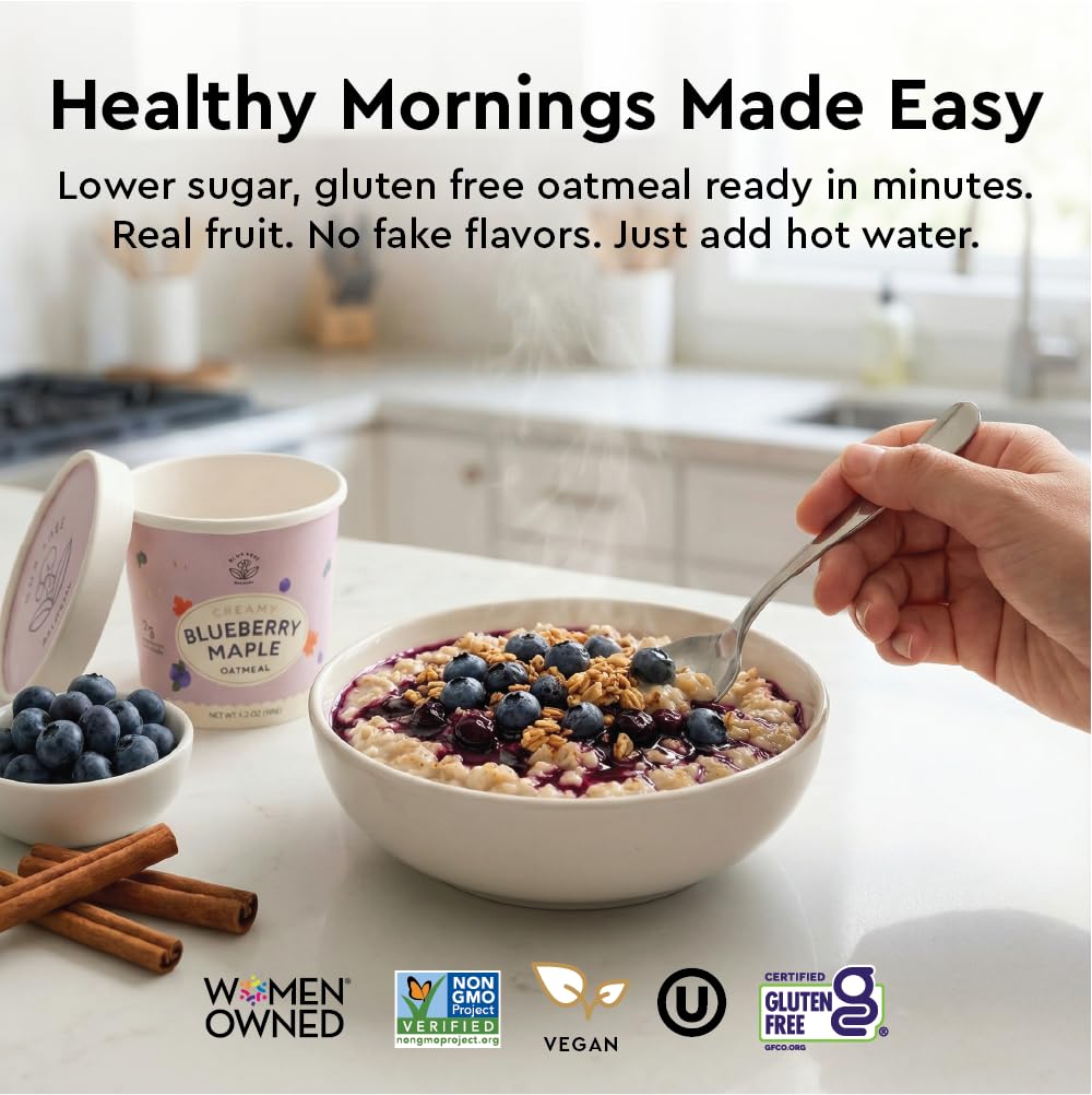 Mylk Labs Blueberry Maple Protein Oatmeal Cups, Whole Grain, Low Sugar, High Fiber Breakfast with Superfoods, Quick & Easy, On the Go, Instant Oatmeal, Rolled Oats, Gluten Free, Vegan, Nut Free, 12 Pack