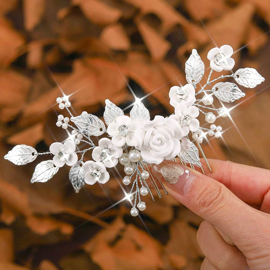 Peineta de boda con flores y perlas plateadas - Accesorio de cabello para mujer y niña