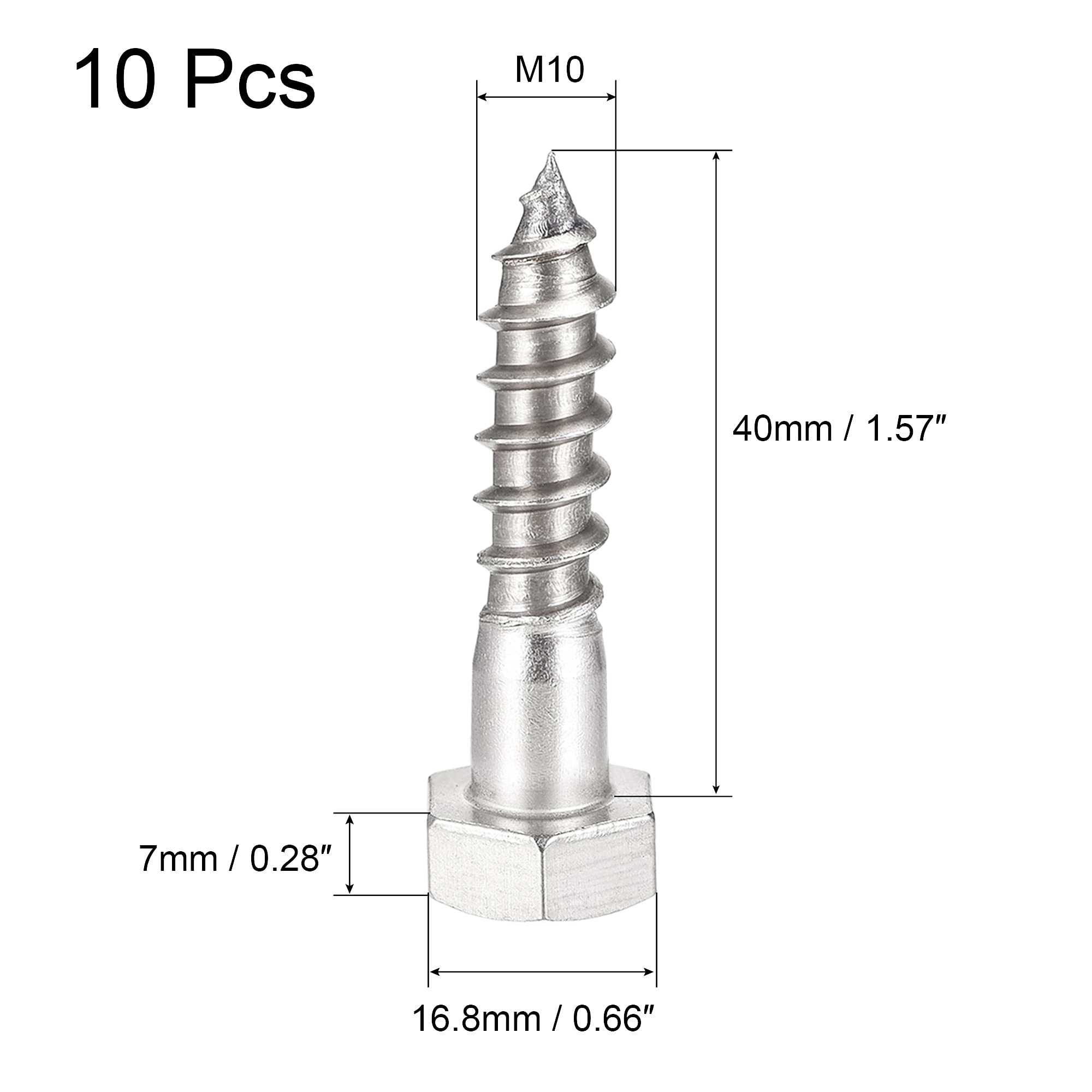 sourcing map Hexagonal Tire-fond M10 x 40mm 304 Inox Acier Demi-fil Autotaraudeuse Boulons pour Bois Vis 10Pcs