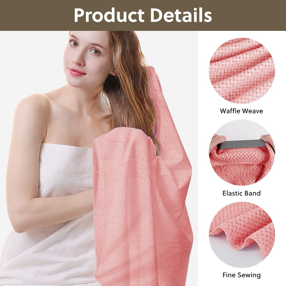 AOOWU Asciugamano Capelli in Microfibra con Texture Waffle, 2 Pezzi Turbante Capelli Morbido con 2 Fascia Elastica, Turbante Asciugacapelli Capelli Super Assorbente, per Donna Capelli Lunghi Ricci