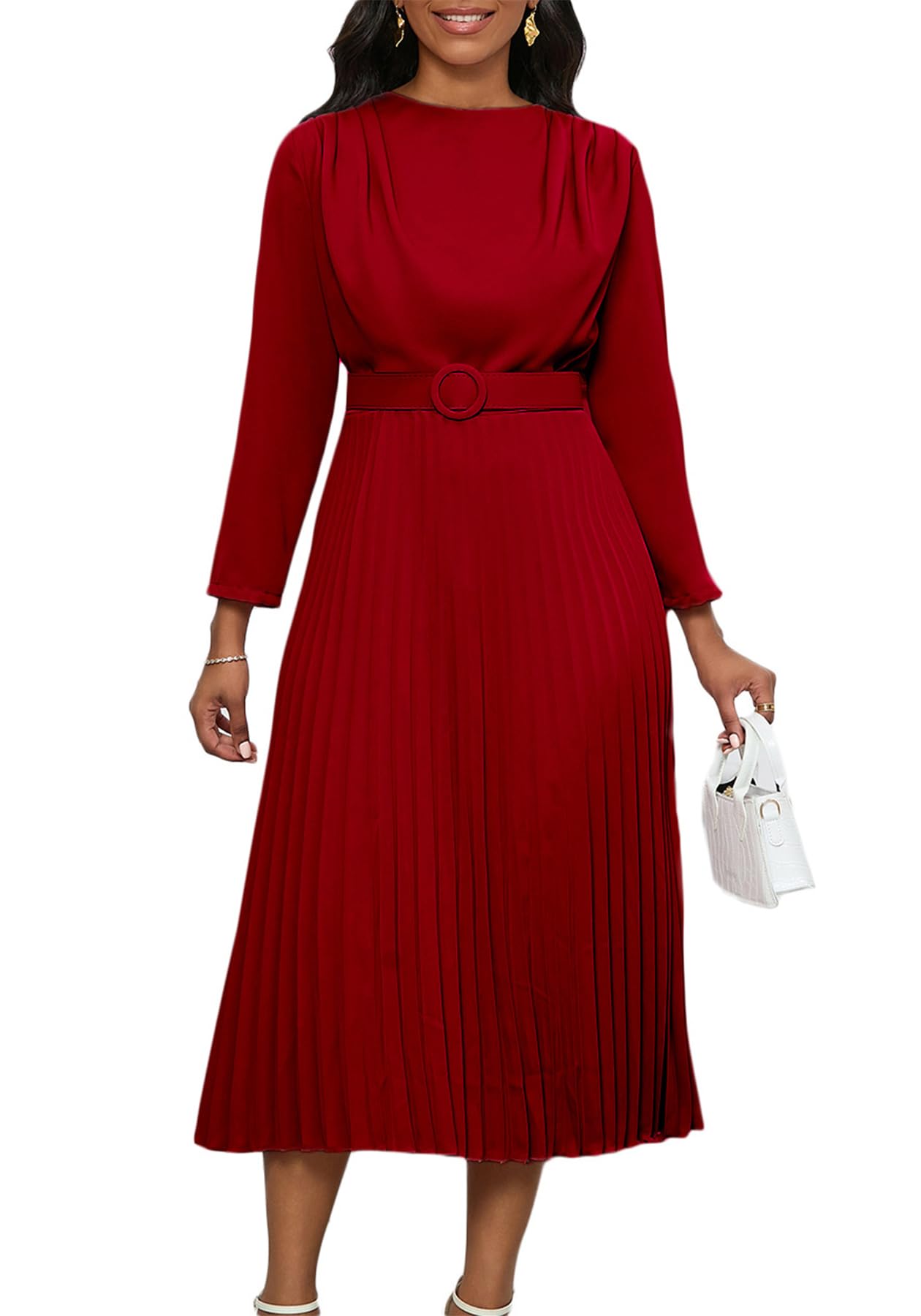 Famnbro Womens Work Dress Long Sleeve A line Church Formal Elegant Office Business Dresses with Belt