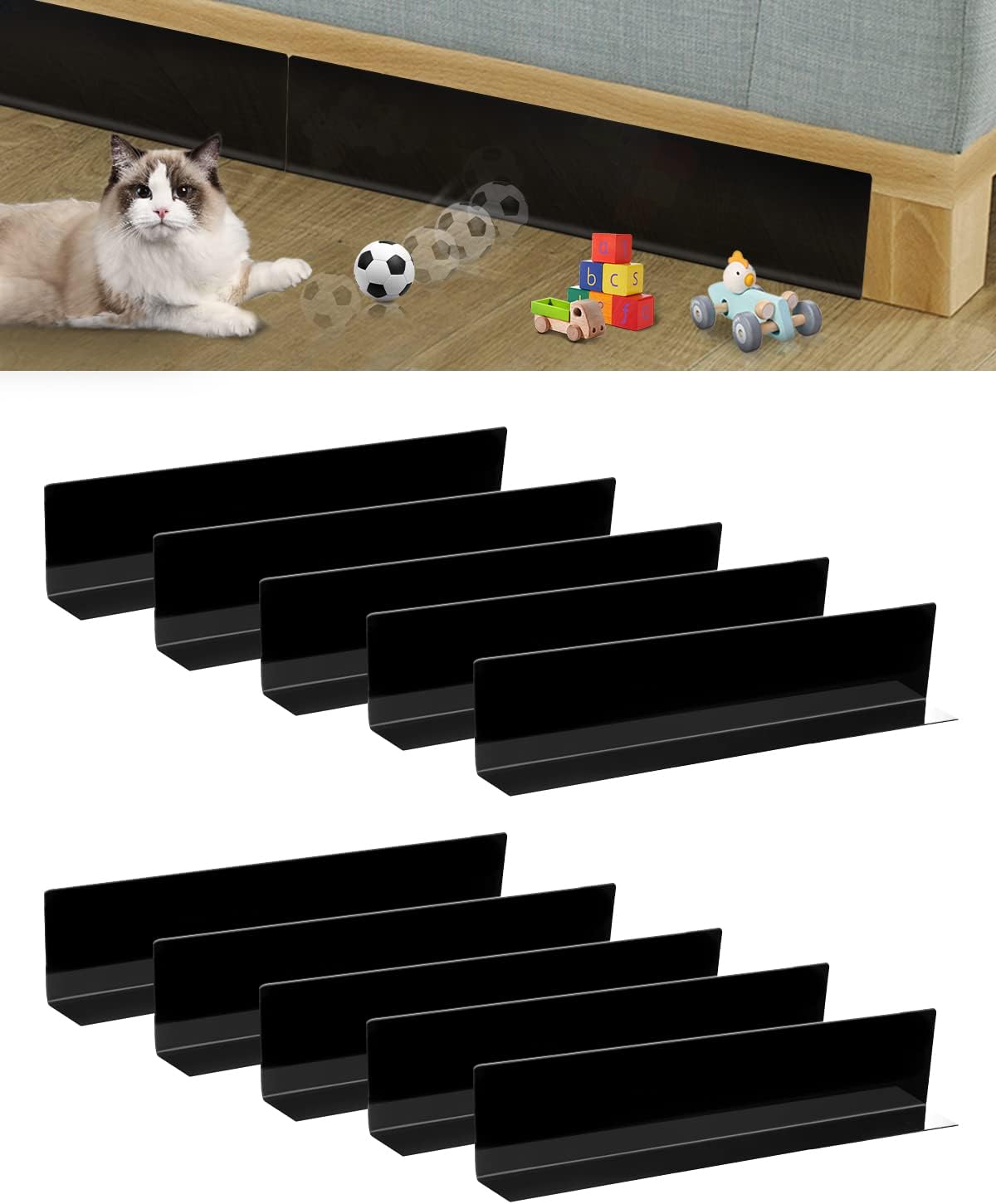 10Pack Under Couch Toy Blocker - Bed Blocker for Pets - Stop Pet and Things from Going Under Couch Sofa Bed and Other Furniture - Strong Tape for Hard Surface Floors Only - Black (3.2 Inch)