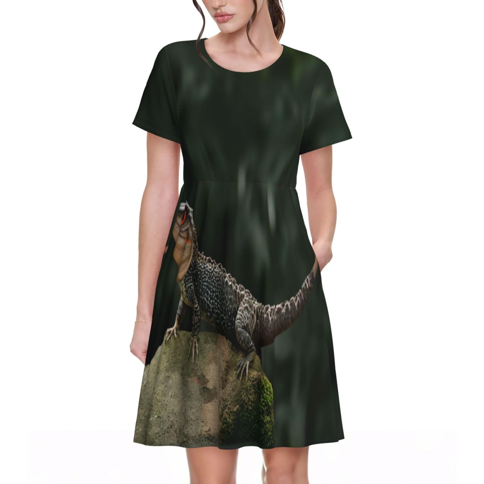 Elsmzxzd Women's 3 D Summer Dress Dinosaur - Casual Short Sleeve Crew Neck Pleated Dresses Swing T Shirt Sundress With Pocket